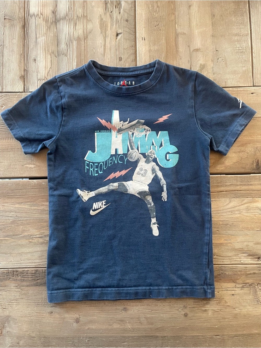 Nike Boys' Navy Blue Graphic Long Sleeve Tee with Teal Accents